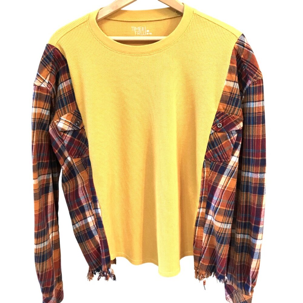 Upcycled Flannel Shirt, Reworked Oversized Yellow Gold Waffle Knit w/ Fringe M-L